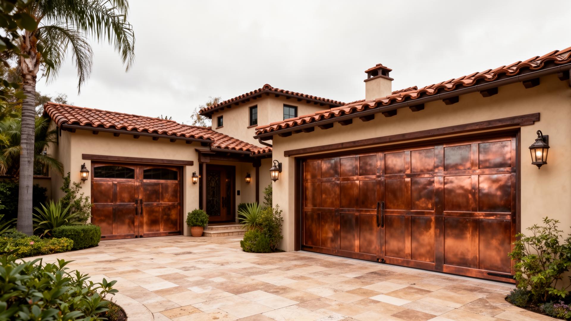 Luxury custom copper-clad garage doors on California Spanish revival home in Schertz, Texas